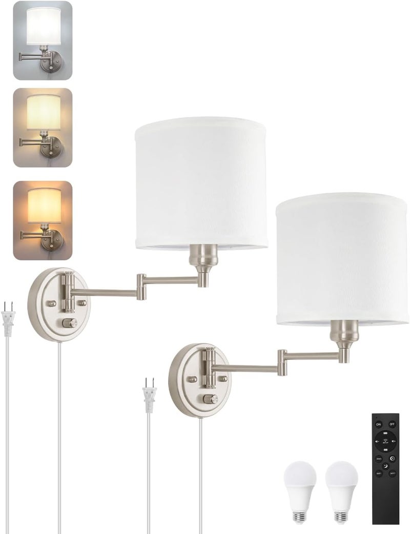 GOODATE Plug in Wall Sconces with Remote Control, Dimming & Adjustable Colors 2700K-6500K, Hardwire or Plug-in, Swing Arm Wall Lamp with White Fabric Shade, Wall Sconces Set of Two, Brushed Nickel Finish - Image 1
